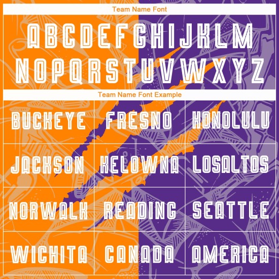 패턴 베이 커스텀 축구 유니폼 오렌지-보라색 승화 그래피티 스크래치 패턴 베이 커스텀 축구 유니폼 오렌지-보라색 승화 그래피티 스크래치