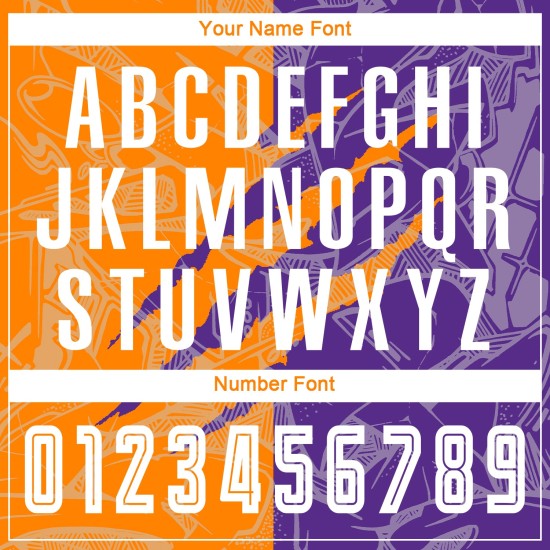 패턴 베이 커스텀 축구 유니폼 오렌지-보라색 승화 그래피티 스크래치 패턴 베이 커스텀 축구 유니폼 오렌지-보라색 승화 그래피티 스크래치